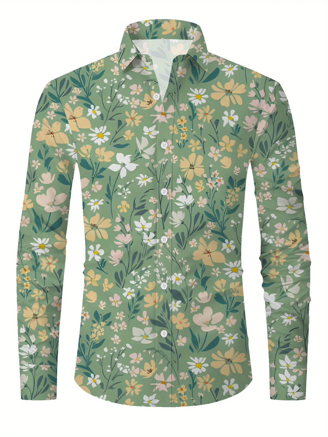 Trendy Men Button‑Up Shirt Fresh Spring Ditsy Wildflower Daisy Botanical Art Print Polyester Holiday Casual