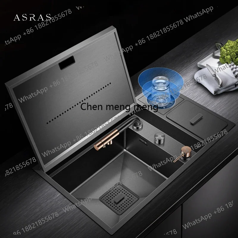 A139 Nanometer Hidden Flip Cover kitchen Island Sink 4mm Thickness Handmade Cup Rinser And Trash Can Kitchen Sinks