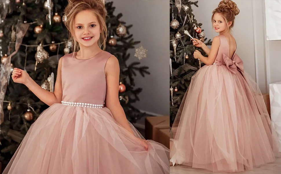 Customized Flower Girls Dress Dusty Pink Pearls Belt With Bow For Wedding Birthday Banquet Prom Ball Holy Communion Gowns