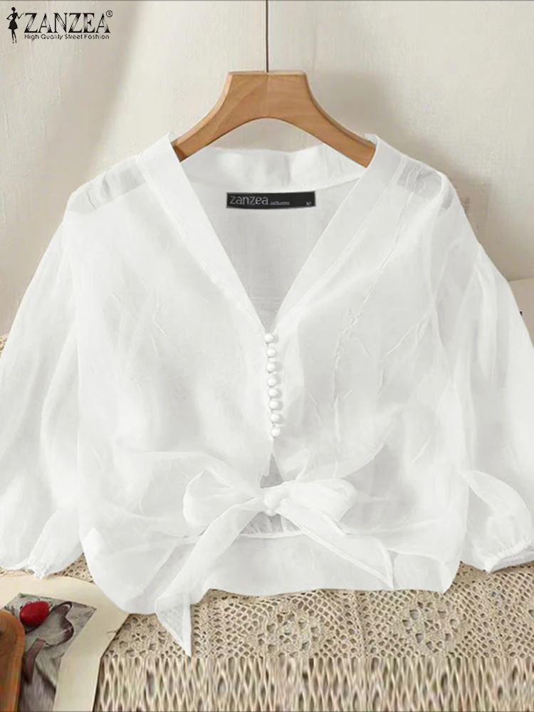 Blusa de gasa Vintage 3/4 Tops de manga acampanada ZANZEA 2025 moda mujer Blusas con cuello en V túnica de Color sólido Jersey suelto Casual