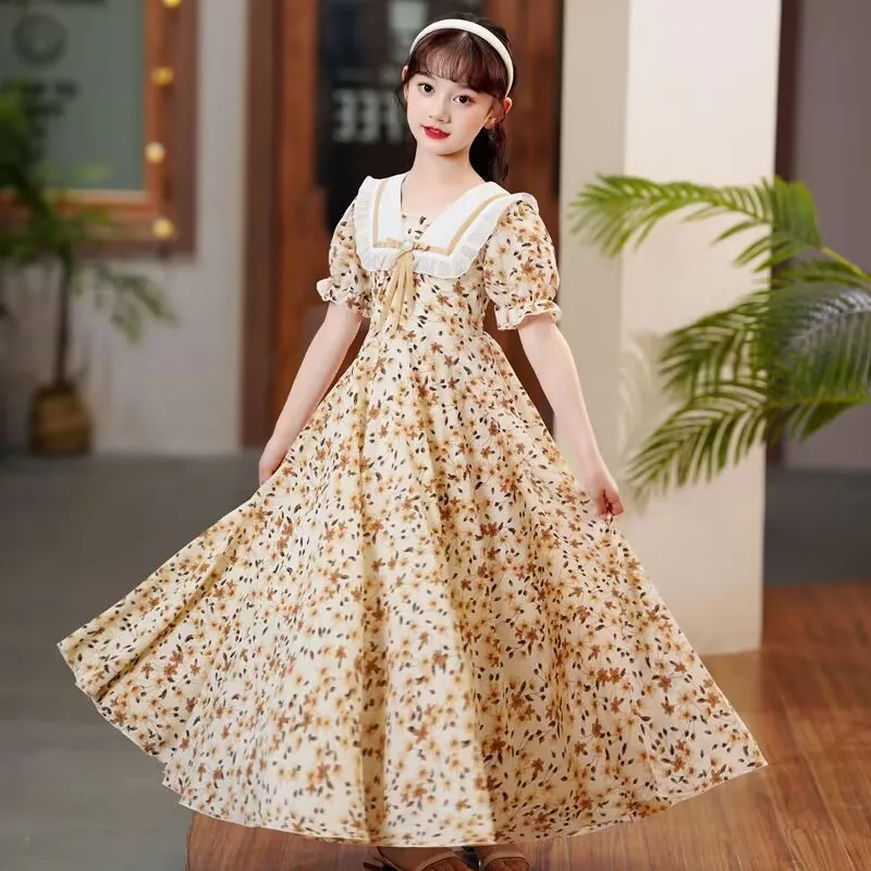 2024 Summer Girls Elegant New Children Casual Princess Teenager chiffon floral pearl green dress 5 6 7 8 to 9 10 11 12 13 year