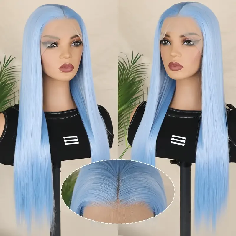 Peluca con malla frontal sintética azul de encaje 13*4 para mujer, fibra larga y recta resistente al calor, para fiesta diaria, Año Nuevo, Día de San Valentín