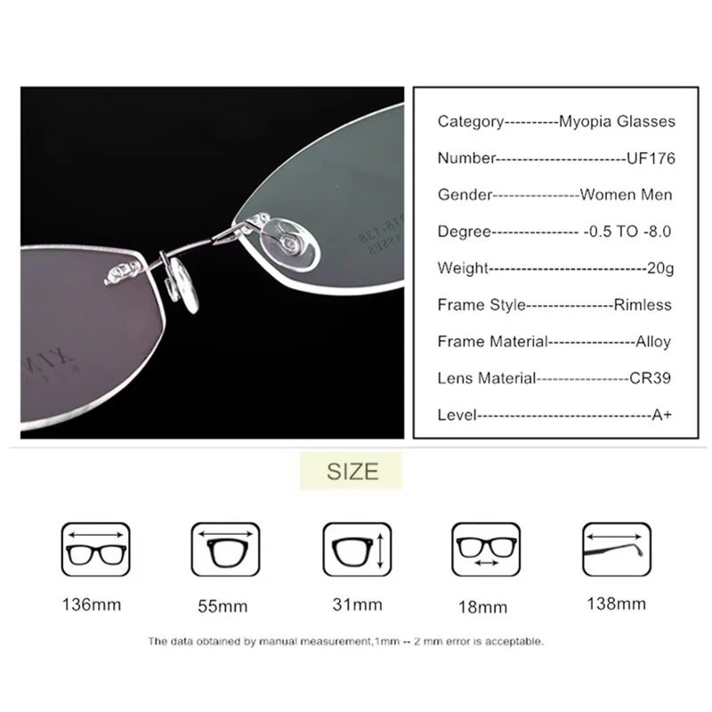 Rimless Myopia Glasses -0.5 to -8.0 Men Women Frameless Alloy Prescription Spectacles Blue Light Blocking Or Photochromic UF176