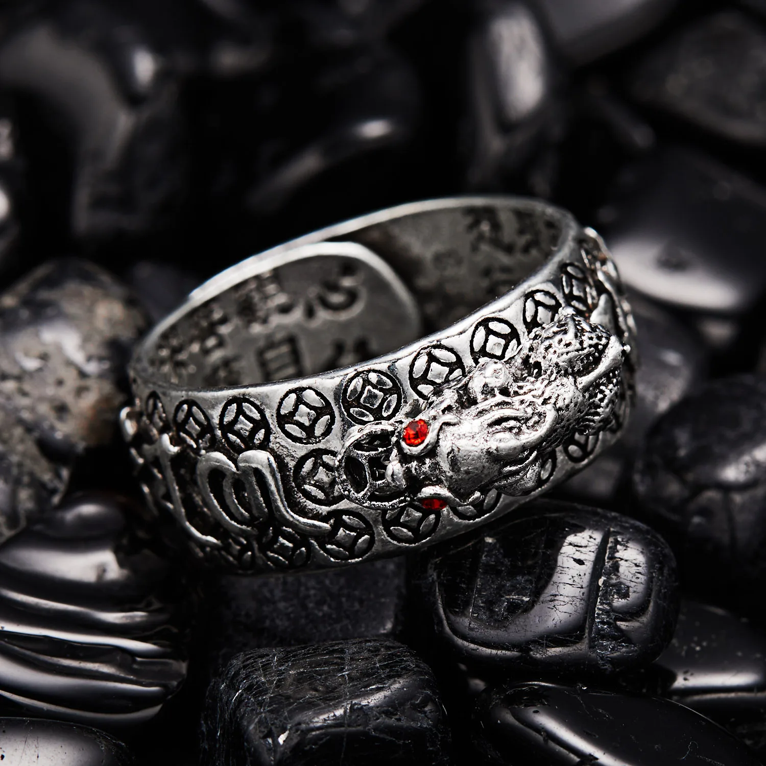 2Pcs/Set Chinese Feng Shui Brass Pixiu Rings For Men Amulet Vintage Copper Coin Adjustable Unisex Ring Bring Wealth Luck Jewelry - view 3