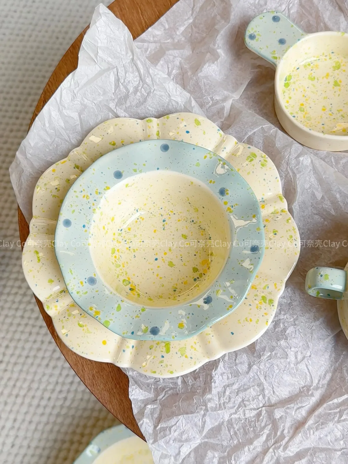 multiple sizes ceramic dessert Dim sum yogurt bowl irregular flower plate splash ink pattern household tableware salad plate