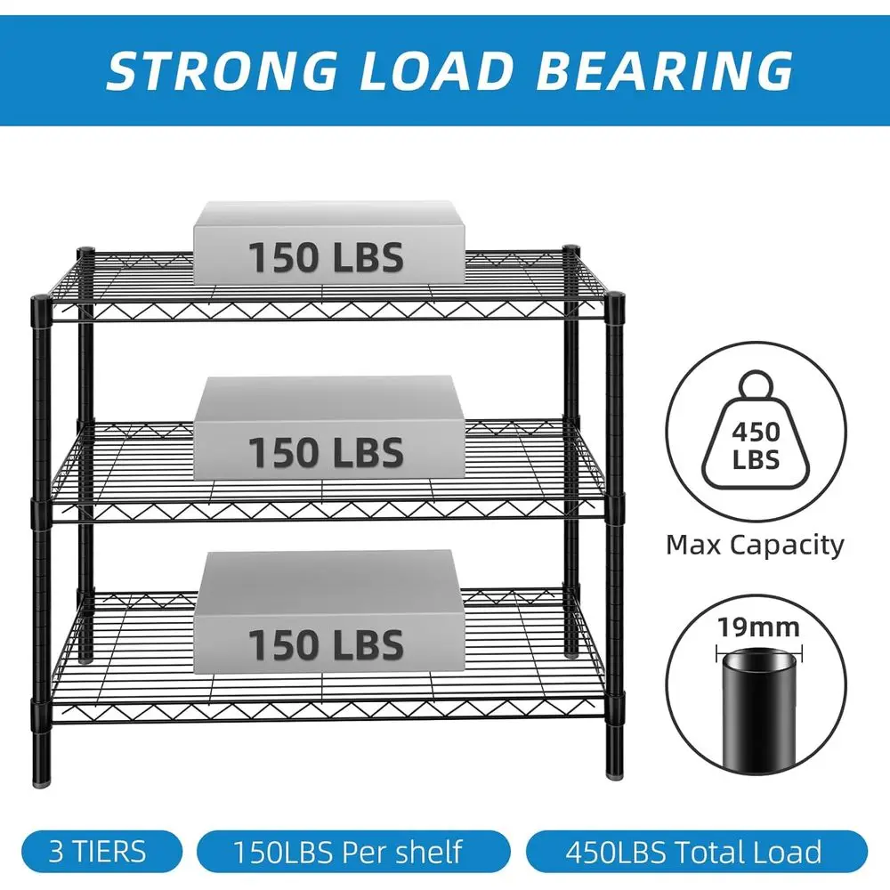 Estante de arame de metal de 3 camadas ajustável para armazenamento doméstico e de escritório - preto, 36L x 14W x 30H