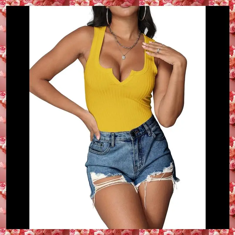 Women's Summer Sleeveless Tops Ribbed Knit Notched V Neck Fitted Tank Shirts