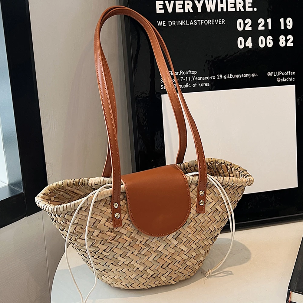 Bolso de mano tejido de paja para mujer, bolsa de mano de gran capacidad, a la moda, de ganchillo, para vacaciones de verano