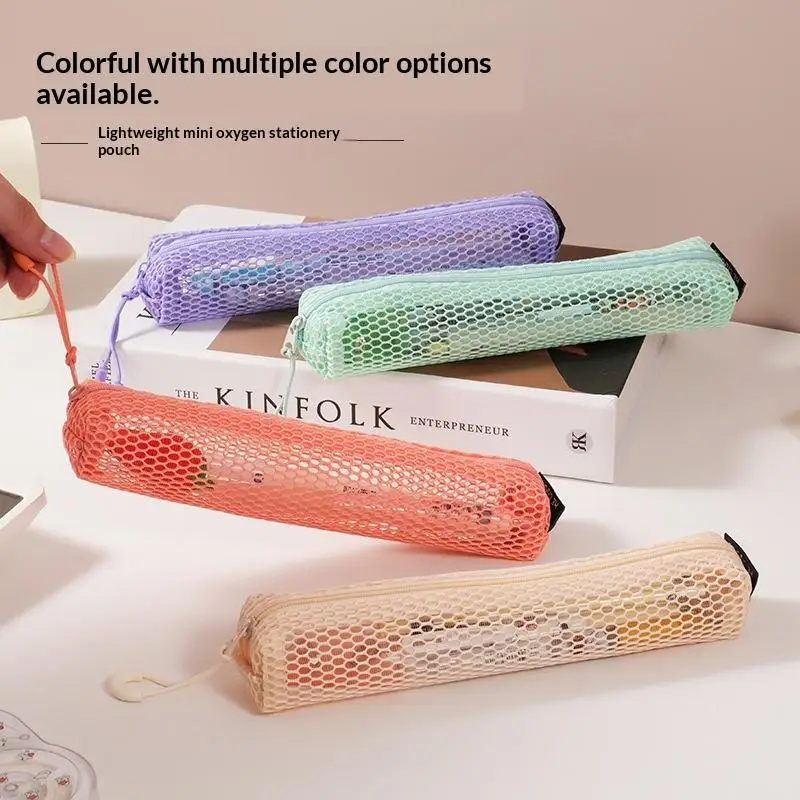 Dopamine Rectangle Mesh Cosmetic Organization Storage Bag With Zipper Portable Sundries Pouch For Travel With Rope