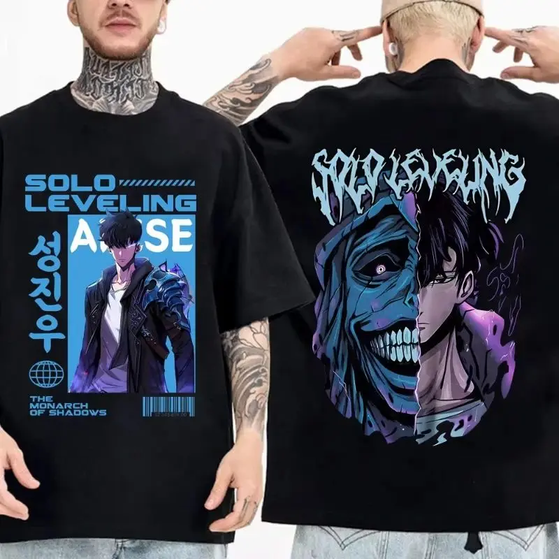 Camiseta de nivelación individual de Anime japonés para hombre, camisetas gráficas de dibujos animados Sung Jinwoo, Camiseta de algodón de alta calidad de manga corta Harajuku