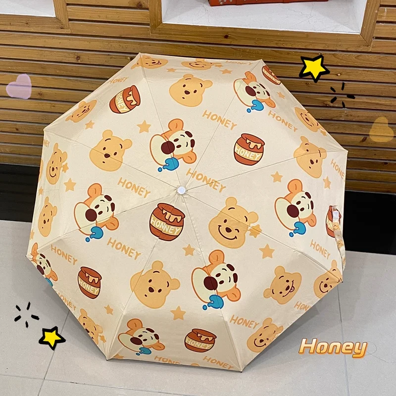 Disney Cute Pooh Cartoon Fully Automatic Umbrella Sun Umbrella Vinyl Sun Protection UV Light Rainy Day Compact Tri-fold Parasol