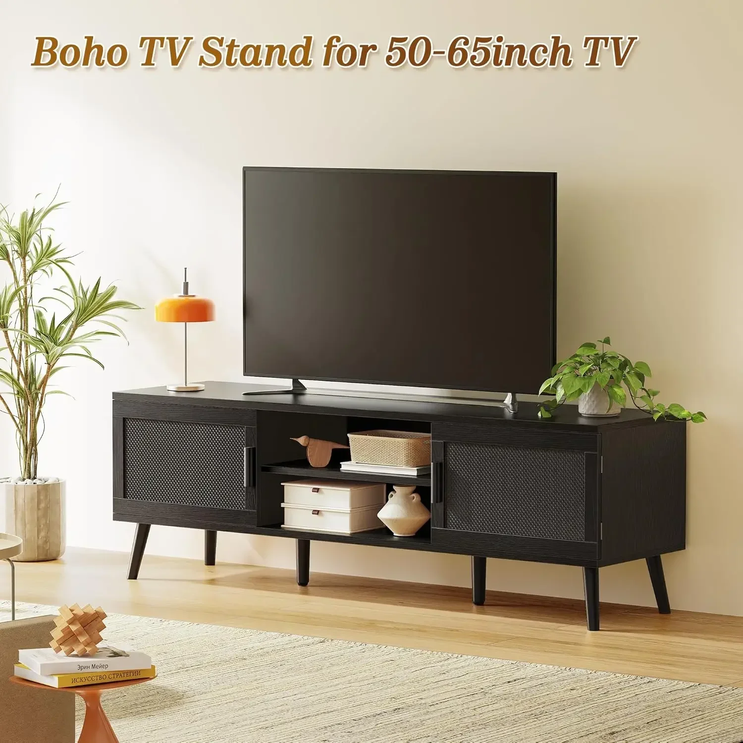 Entertainment Center Television Stand Adjustable Cabinet Storage Media Console Cord Management Black