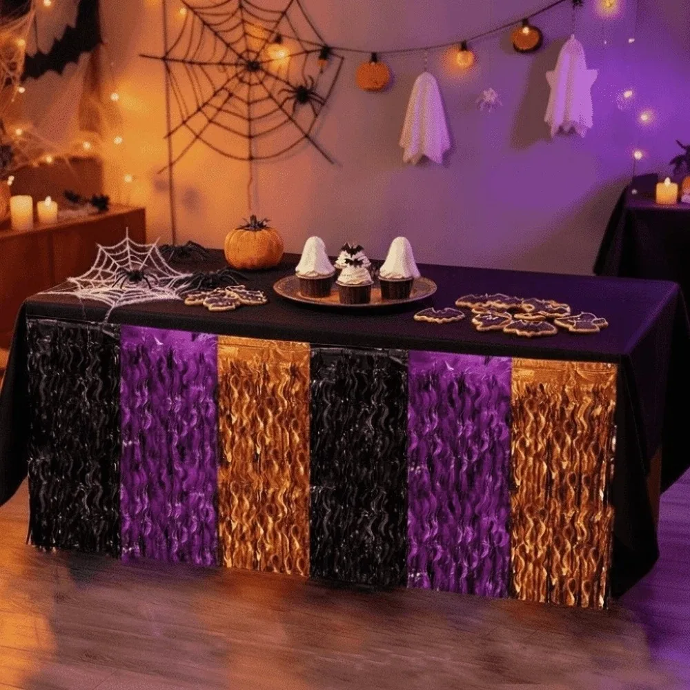 Tri-color Tinsel Table-skirt Shiny-metallic Laser-cut Party Table-border Trimmed Glittery Wavy Streamers Spooky Night