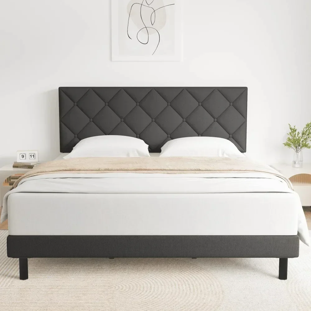 Queen Bed, Queen Size bed Frame with Fabric Upholstered Headboard,Dark Grey, Easy Assembly