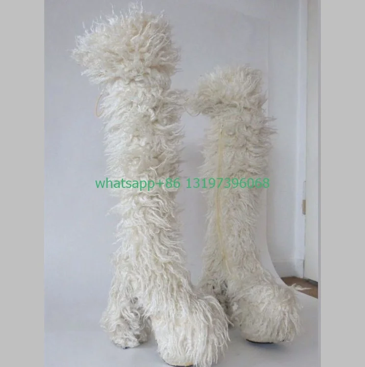 Lady white fur design over the knee boots chunky heel platform feather boots vintage new arrive fur boots size 35-46 footwear