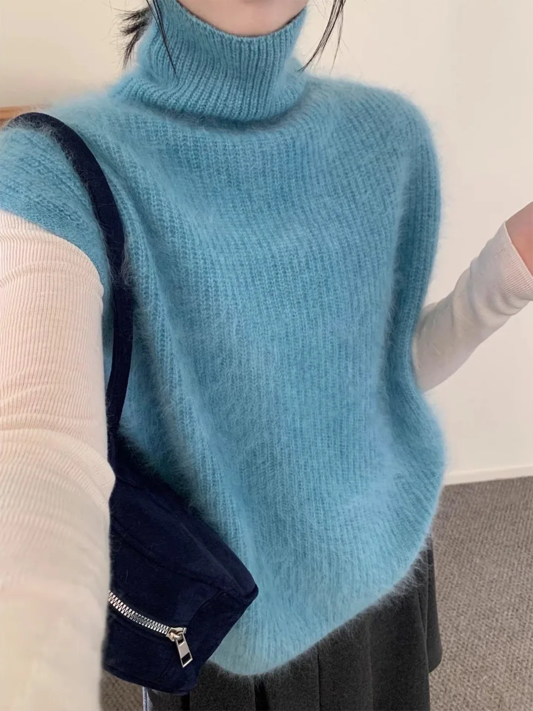 

Sli Blue High Collar Knitted Vest Women's Autumn Winter Outerwear Layering Sweater Commute Sle Regular Fit Medium Thi...