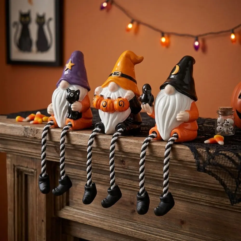 Hand-Painted Halloween Gnome Shelf Sitter Spooky Resin Crow Black Cat Gnome Figurine Striped Legs Pumpkin