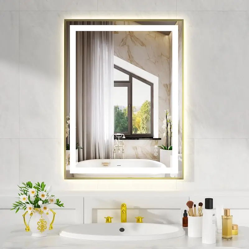 

24x32 Gold Tempered Mirror with Dual LED Light Strips for Front and Back Illumination