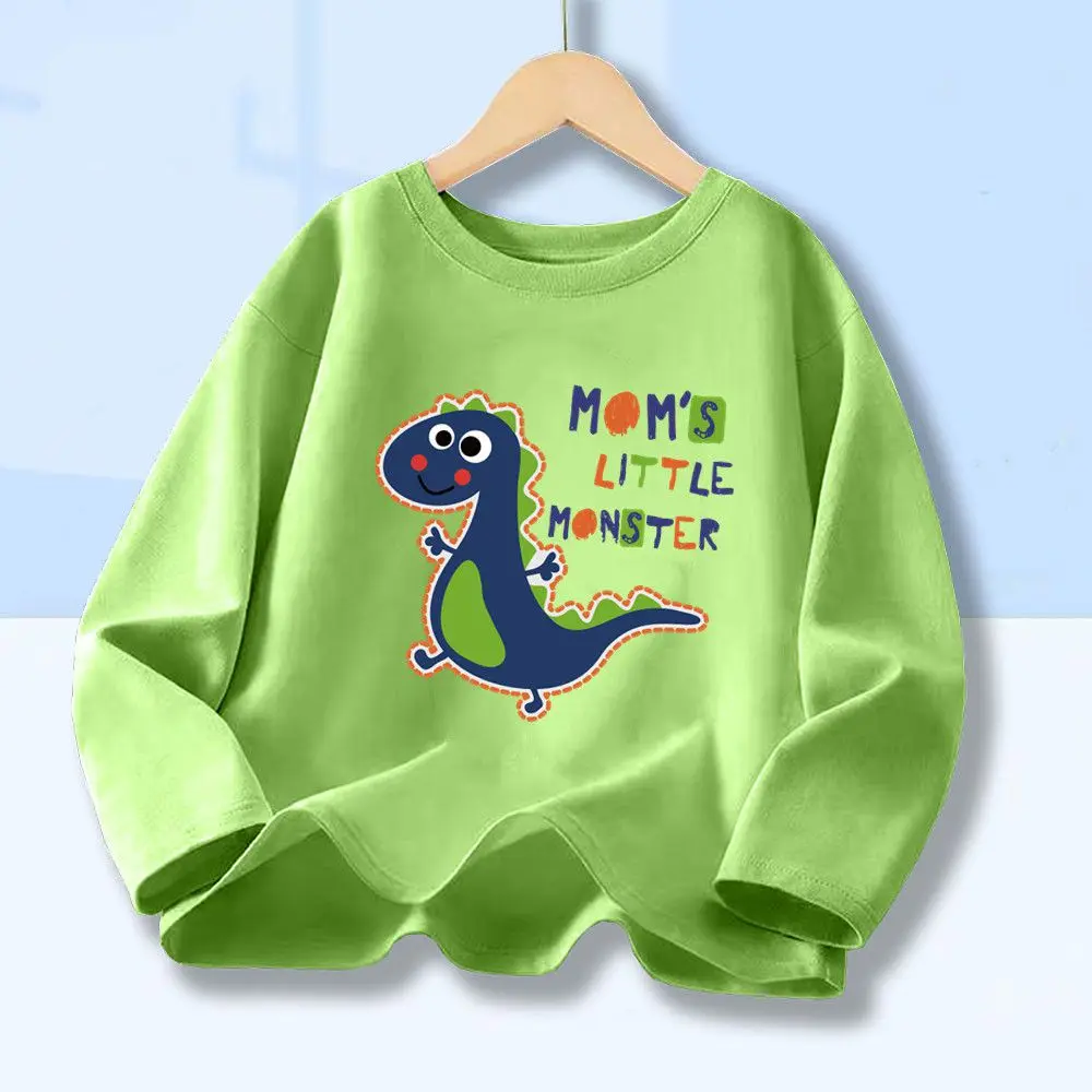Langärmeliges Baumwoll-T-Shirt für Jungen mit niedlichem Dinosaurier-Motiv, Rundhalsausschnitt, lässiges Freizeit-T-Shirt für Frühling und Herbst, ideal für den täglichen Gebrauch.