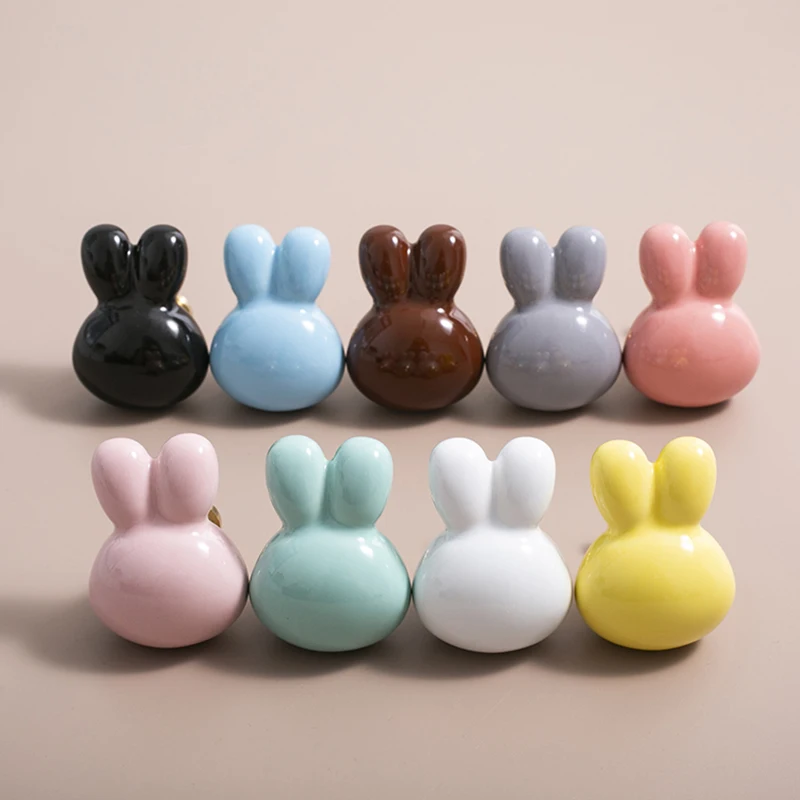 4PCS Cute Rabbit Ceramic Brass Base Furniture Pulls Handles Drawer Knobs Baby Room Kindergarten Playground Cabinet Pulls Knobs