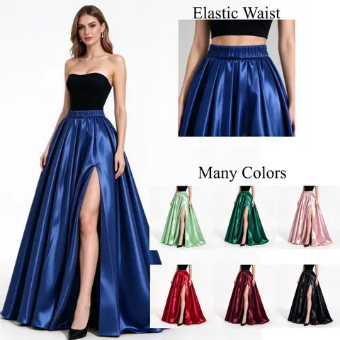 Customized Fluid Satin Skirt A Line Long Party Cocktail Skirts Elastic Waist Many Colors Glossy Wedding Guest Skirt with Slit