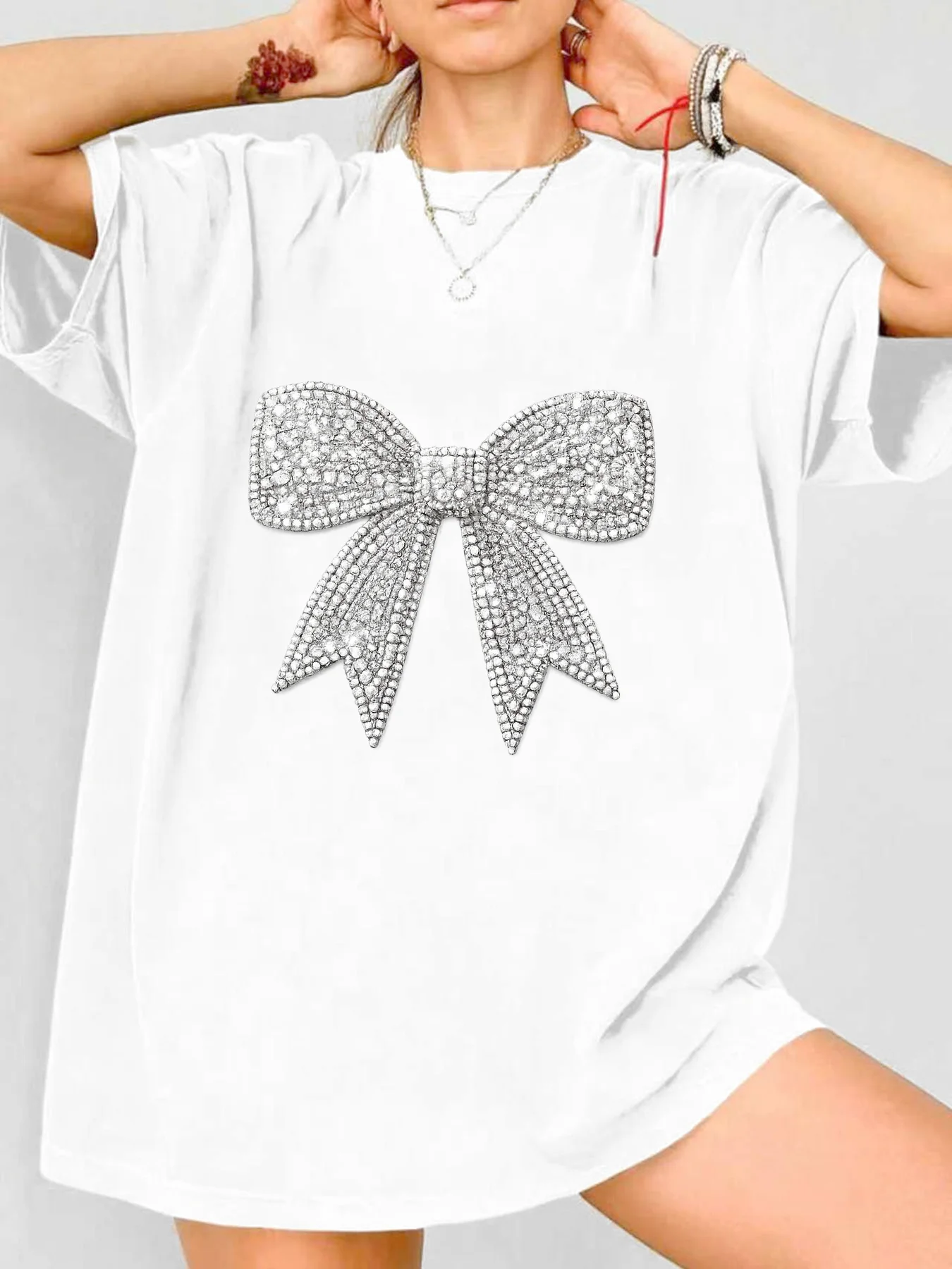 

【WDS00112】Plus size women's round neck short sleeve T-shirt with elastic half sleeves and trendy prints