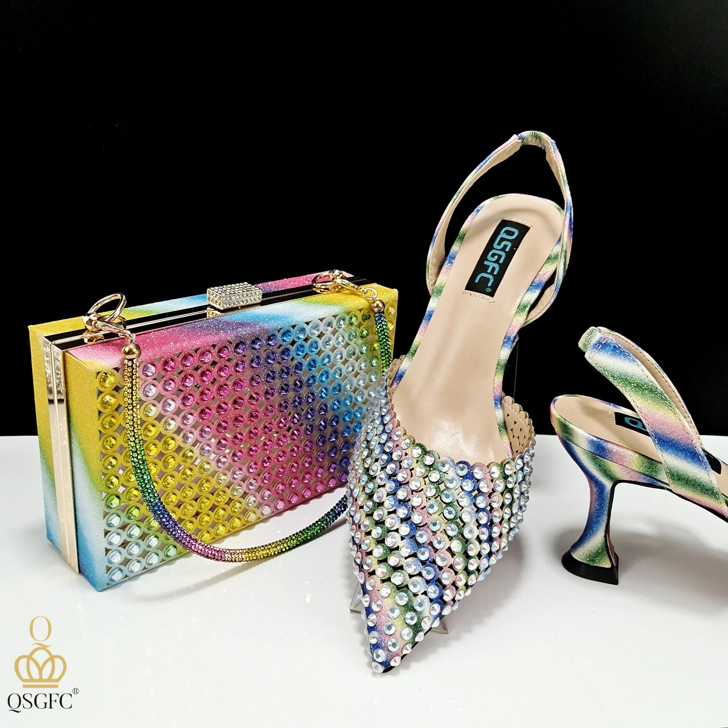 

PM New Italian Design Simple and Elegant Colorful Rhinestones Rainbow Color Women's Shoes and Party Wedding Bags