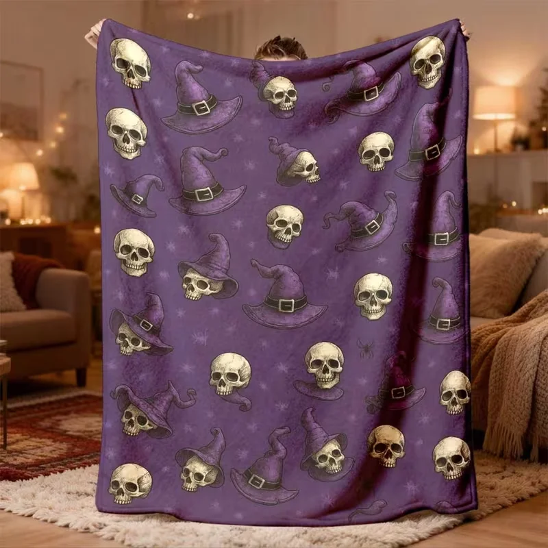 Purple Background Witch Hat Skull Star Pattern Soft Flannel Throw Blanket Lightweight Warm Blanket For Sofa Bed Spooky Halloween