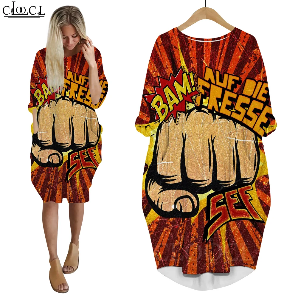 CLOOCL Dress Long Sleeves Portable Pocket Femme Robe Rainbow Cheer Up Gesture Printing Oversized Dress Harajuku Streetwear