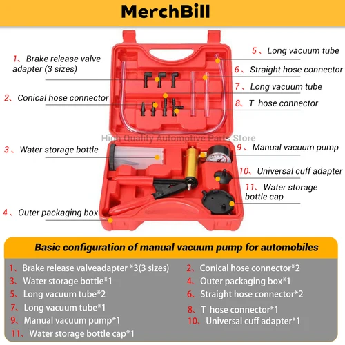 Imagen 2 del producto Kit de purga de frenos 2 en 1, juego de prueba de bomba de vacío manual para automoción con estuche protegido, herramienta de purga de embrague de freno de un solo hombre