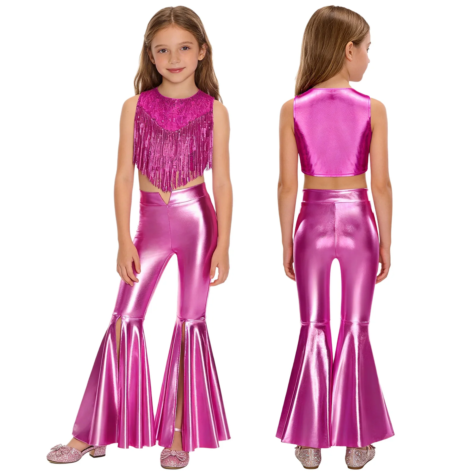 Kinderen jaren '70 Disco Dance Set 2-delig Metallic Glans Glanzende Pailletten Top met Metallic Broek Meisjes Cheerleading Competitiekostuum