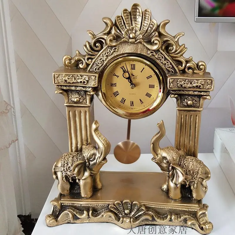 Elephant clock Desktop clock European double elephant quartz clock Living room wine cabinet TV cabinet Study auspicious desktop