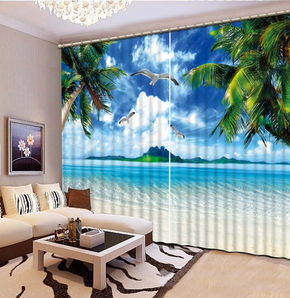 3D Printing Modern Fashion Home Decor blue beach landscape curtains Waterproof Thickened Polyester