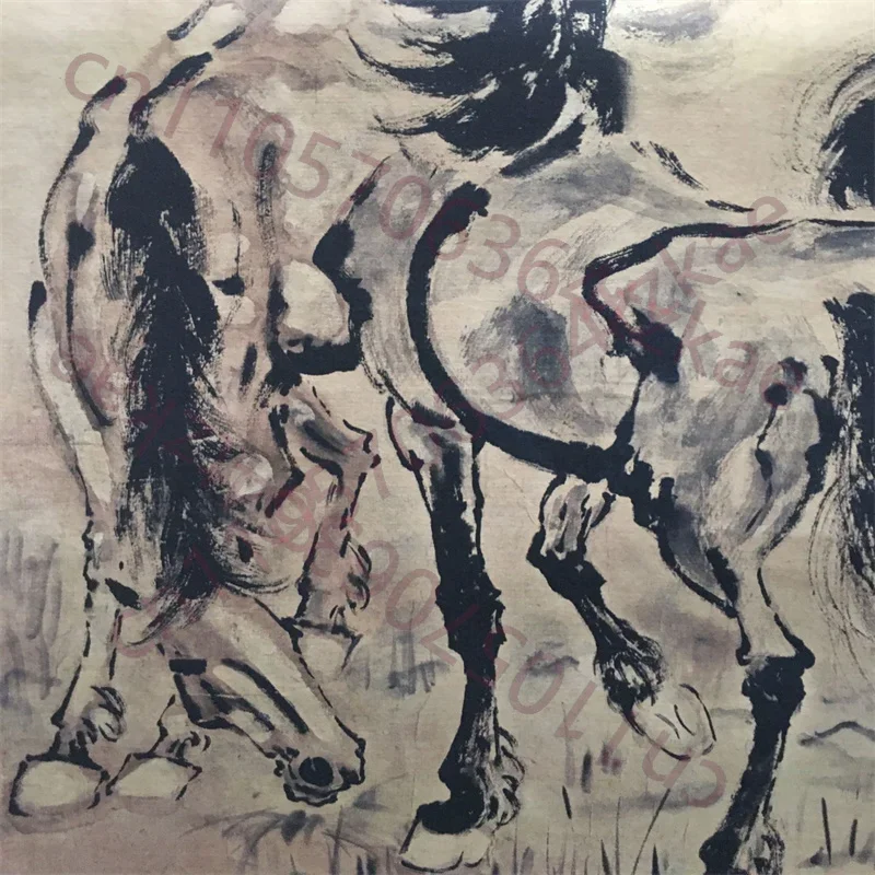 Chinese Old Scroll The works Painter Xu Beihong's three horses under the shade of trees Painting , Rice Paper Painting Slice,Dec