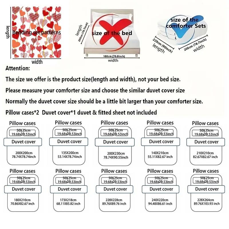 Red decorative hearts background Duvet Cover Set Digital Print Colorful Polyester Bedding with Zipper Closur for kids gifts
