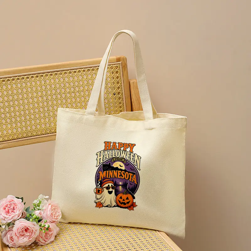 Vintage Happy Halloween Minnesota Canvas Tote Bag Ghost Pumpkin Print Large‑Capacity Shoulder Bag Casual Daily Handbag