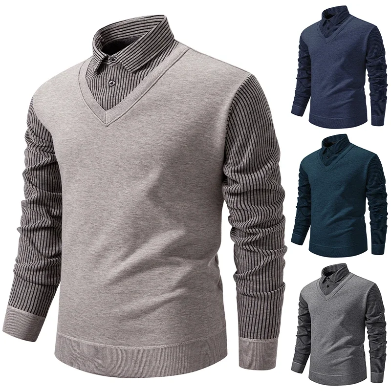 Cold Season Mens Collared Knitted Pullover Fake Vest Appearance Fleece Lined Vertical Stripe Warm Slim Fit Casual Clothing