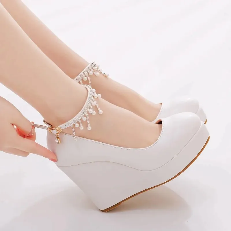 11cm White Round Head Wedges Platform Shoes Women Tassel Flowing High Heel Shoes Plus Size for Wedding Party Chaussure Femme