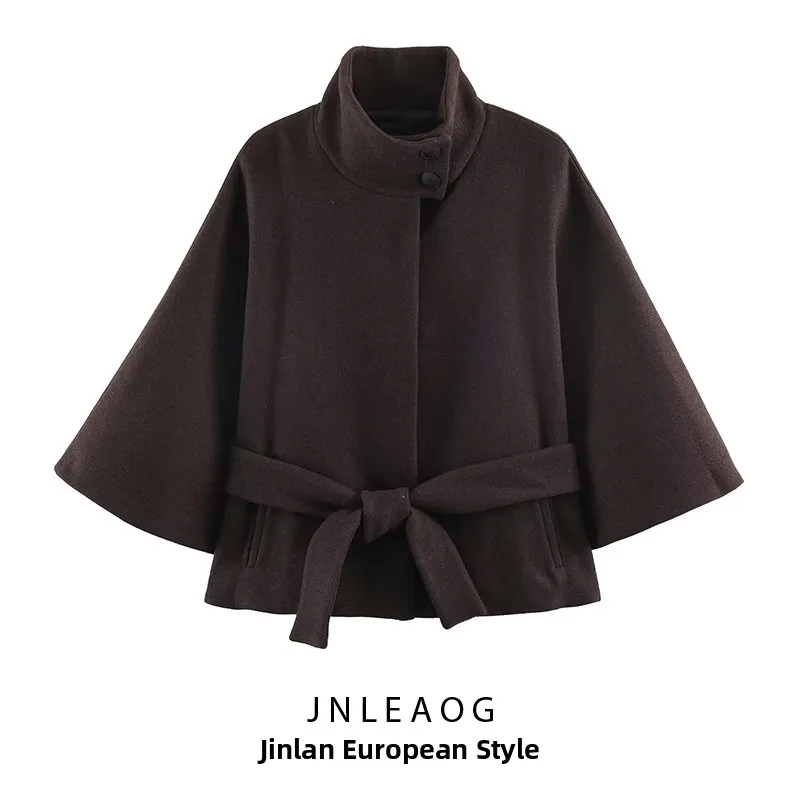 JNLEAOG Women's Short Coat with Belt Autumn New Style Fashion Decorative Layered Decoration Standard Fit Polyester Fiber