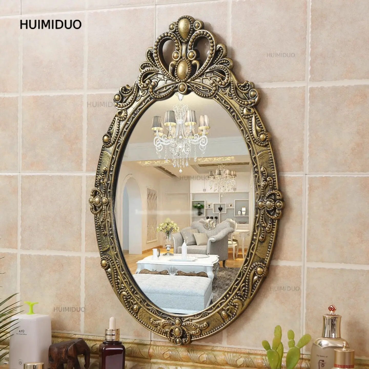 New European Retro Bathroom Wall Makeup Mirror, Embroidered Decorative Vanity Mirror for Hotel Home