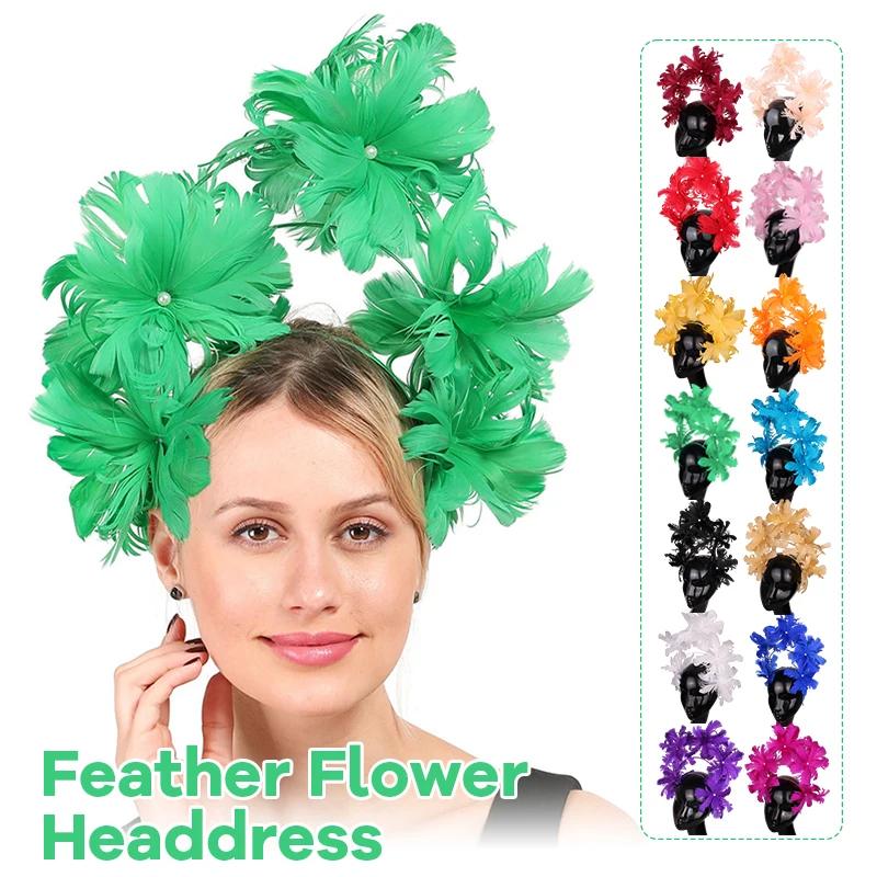 

Feather Flower Headdress Fascinator Headband Vintage Party Exaggerate Small Top Hat Hair Hoop Imitation Pearl Hair Headpieces