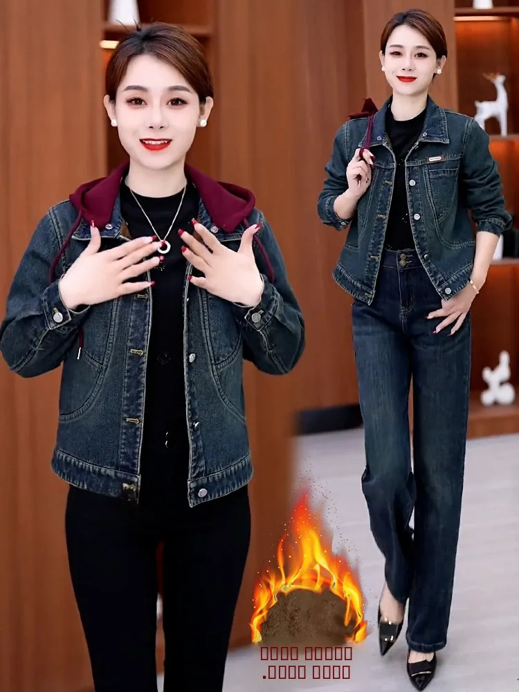 

Джинсовая куртка Thiened Fce с капюшоном для женщин, осенне-зимняя, новая, стильная, антивозрастная, модная верхняя одежда для женщин