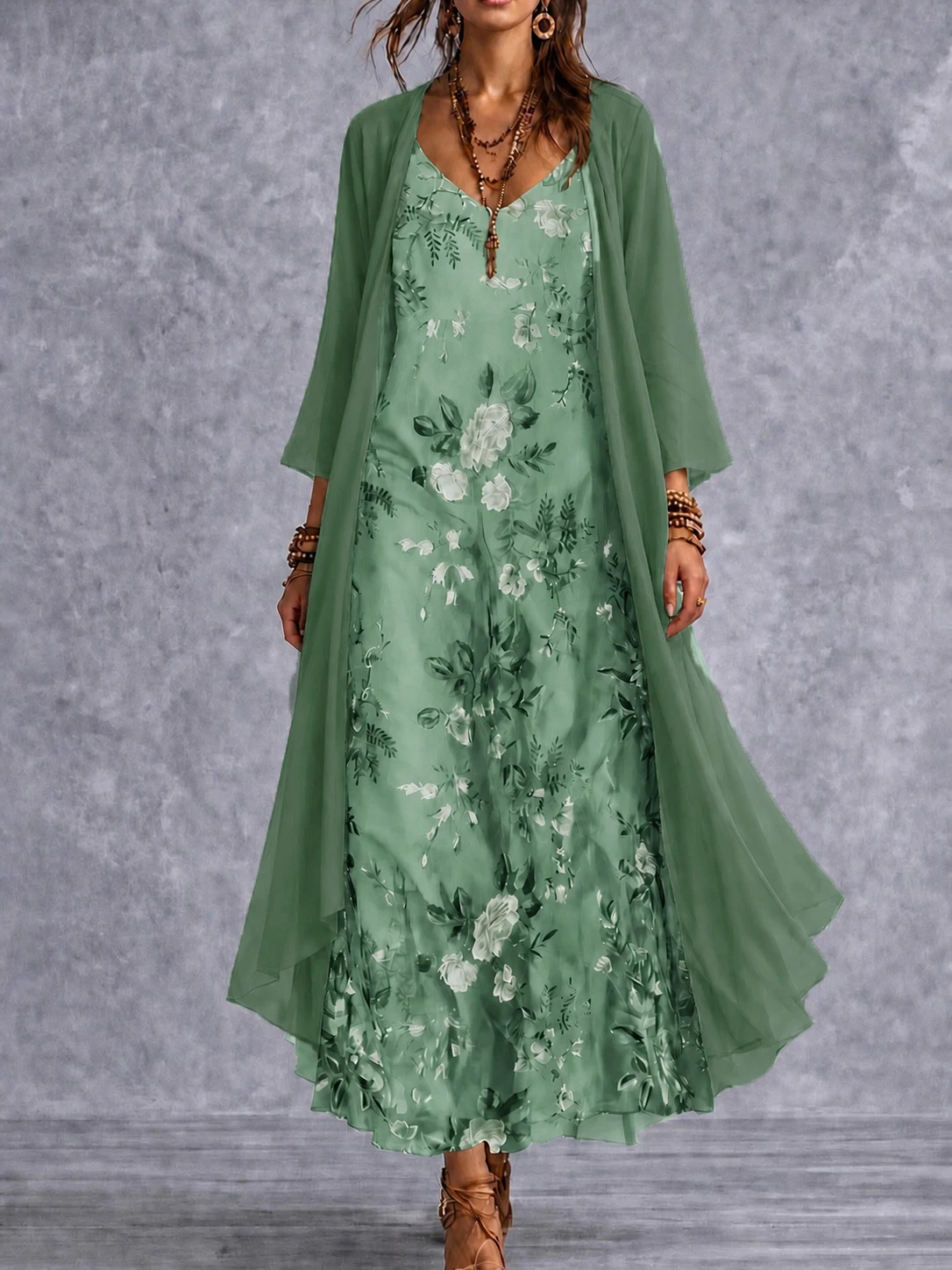 Frühlings- und Sommerkleid für Damen in Übergröße, elegant, im ländlichen Stil, mit Blumenmuster, Camisole-Kleid mit V-Ausschnitt, Dreiviertelärmeln und halbtransparenter Sonnenschutz-Strickjacke, langes zweiteiliges S – Detail 7