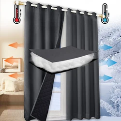 Cortinas cálidas de algodón con aislamiento térmico para invierno, 100% opacas, a prueba de sonido, con respaldo negro, a prueba de viento y frío