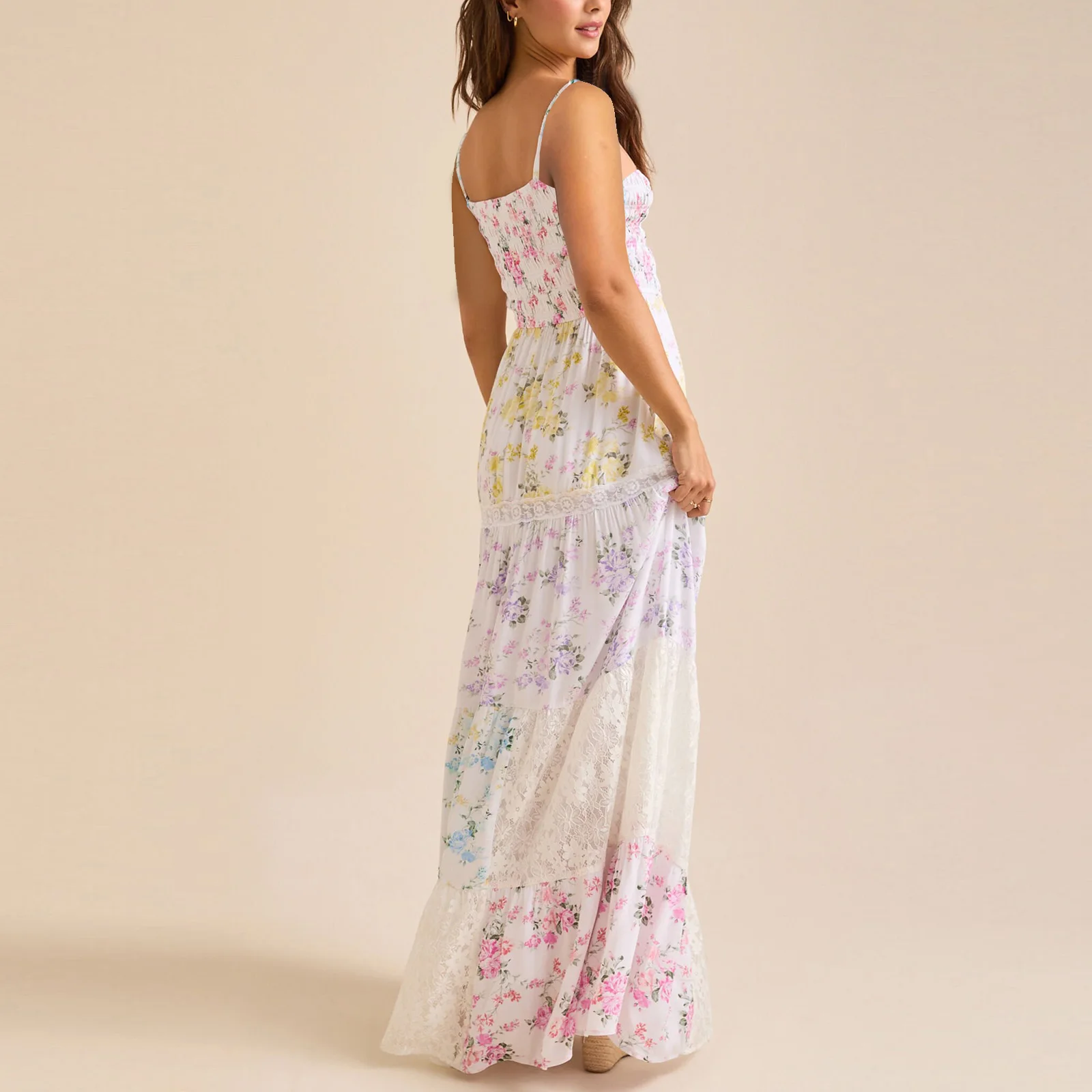 ผู้หญิงฤดูร้อนแขนกุดพิมพ์ดอกไม้ Contrast สีปรับสายรัดบาง Smocked Flowy A-Line ยาว Cami Slip Dress