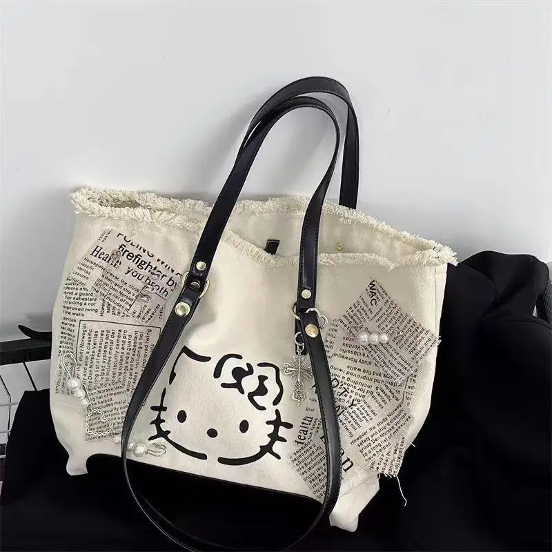 

Оригинальная новая сумка через плечо Hellokitty, холщовая повседневная сумка с вышивкой в Японии, большая вместительная студенческая офисная повседневная сумка для хранения