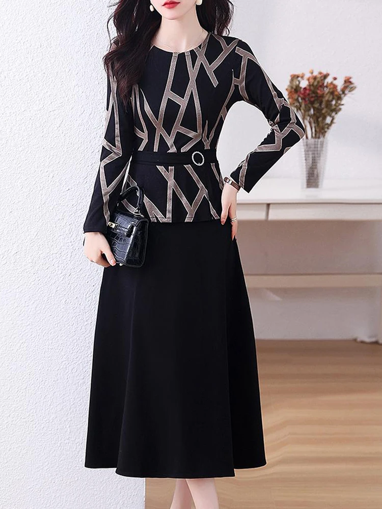 Robe longue bandage rayée patchwork noir pour femme, robe midi de soirée de luxe vintage, élégante, décontractée, formelle, automne, hiver, 2024