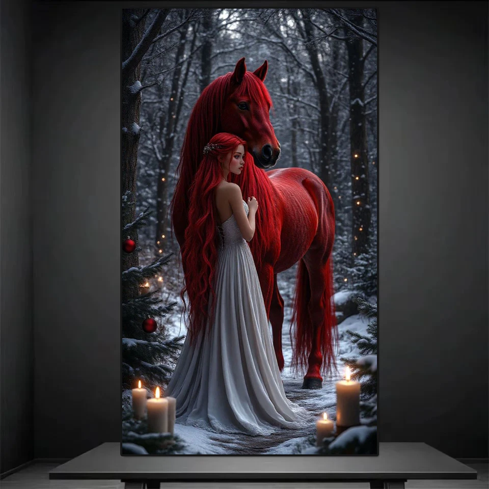 

5D New 2026 Diamond Painting Kit Woman and Red Horse Winter Forest Landscape Full Mosaic Embroidery Cross Stitch Home Decoration