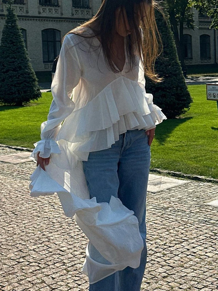 Mueyaruho Women 2025 Summer Autumn Elegant Ruffles Shirt V-neck Long Sleeve Solid White Blouse For Women