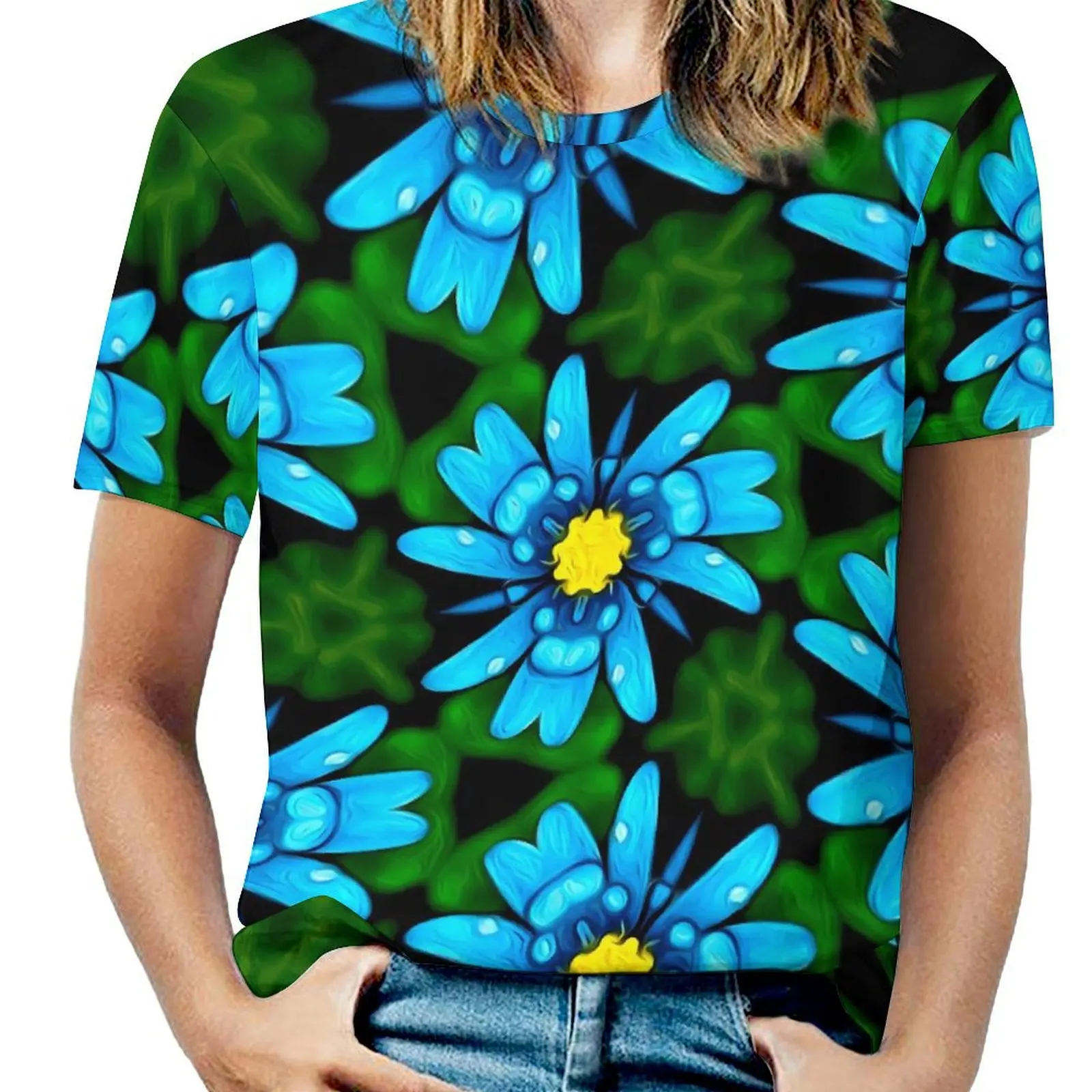 Blue Daisy T-Shirt Beautiful Flower Print Aesthetic T Shirts Short Sleeves Basic Tee Shirt Beach Custom Top Tees Big Size 6XL